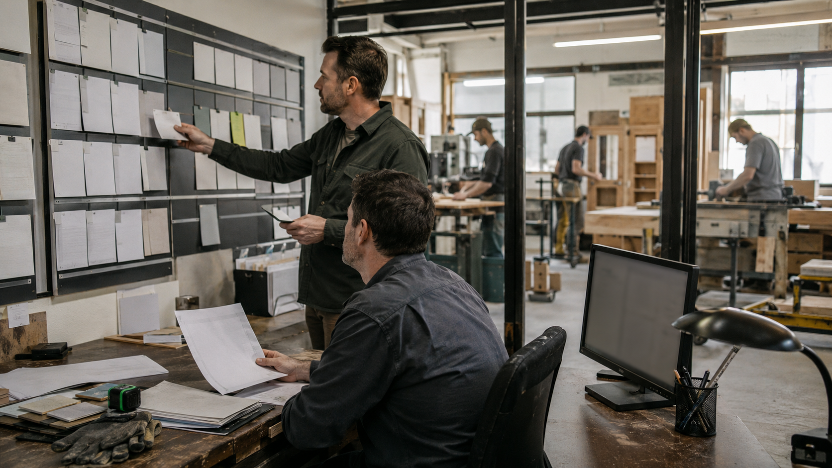A home-improvement operations team coordinating job handoffs in a workshop office